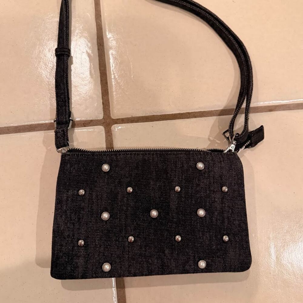 Pearl Studded Denim Crossbody Bag